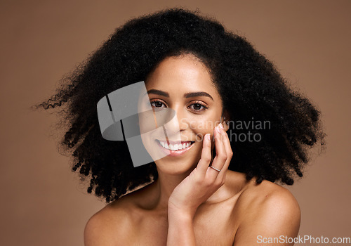 Image of Black woman, beauty and skincare face portrait with a smile, glow and happiness for clean skin on studio background. Aesthetic model with afro hair and dermatology, cosmetics and makeup facial result