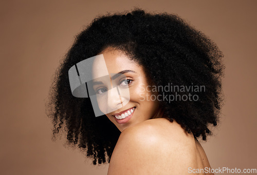 Image of Face portrait, skincare and beauty of black woman in studio isolated on a brown background. Makeup, cosmetics and smile of female model happy with spa facial treatment for healthy skin and wellness.