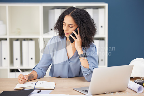 Image of Planning, writing and phone call of black woman architect focused in professional office. Strategy, architecture and productivity of employee in communication with client on smartphone.