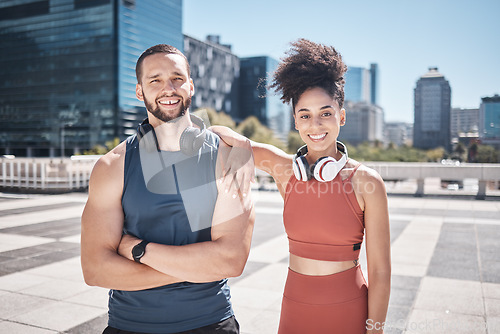 Image of Portrait, sports fitness and couple in city ready for workout, training or exercise. Diversity, face and happy man and woman standing on street preparing for running, jog or cardio outdoors together.