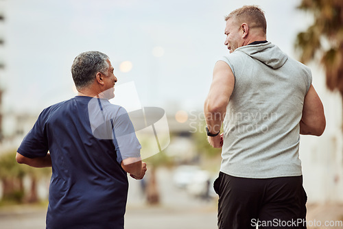 Image of Back view, friends and fitness men in city, healthy lifestyle and outdoor performance. Senior males, running exercise and urban marathon training in neighborhood street for energy, power and sports