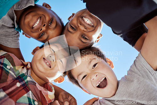 Image of Kids, face and happy with friends group, diversity and support with trust and together bonding outdoor. Team, community and boy children smile with happiness, care and connection in friendship