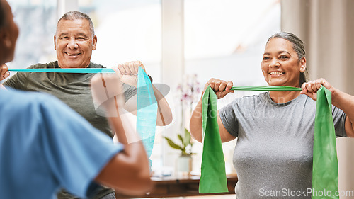 Image of Physical therapy, stretching and senior couple with nurse teamwork, support and help in rehabilitation together. Elderly black people or friends smile with band in physiotherapy with strong progress