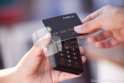 Image of Shopping, hands and payment with nfc credit card for woman customer checkout transaction zoom. Contactless electronic machine purchase tech at store with bank card for digital money transfer.
