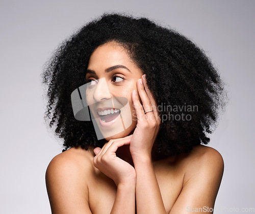 Image of Face, beauty skincare and surprise of black woman in studio on a gray background. Makeup cosmetics, wow and thinking female model shocked with facial transformation after luxury spa skin treatment.