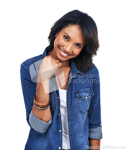 Image of Portrait, fashion and denim with a model black woman in studio isolated on a white background for style. Marketing, advertising and branding with an attractive young female posing on blank space