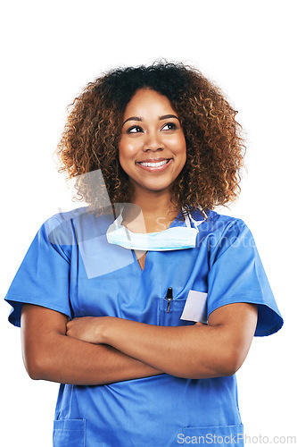 Image of Healthcare, nurse and black woman with arms crossed in studio isolated on a white background. Medical, thinking and confident, proud and happy female physician with ideas, thoughts or contemplating.