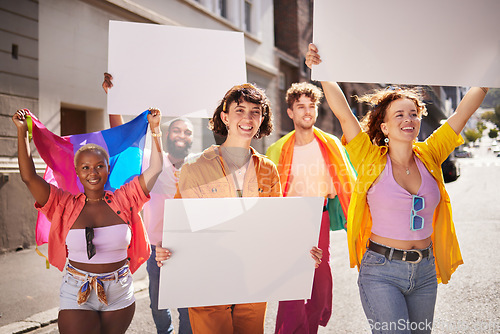 Image of Lgbt protest, poster and group of people walking in city street for activism, human rights and equality. Freedom, diversity and lgbtq community crowd with mockup billboard space for social movement