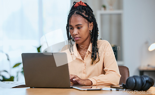 Image of Black woman, laptop and typing online email communication, planning strategy and working in home office. African girl, remote worker and data analysis on digital tech device for web ux management