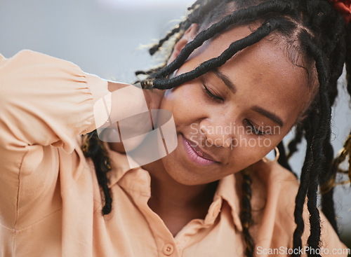 Image of Stress, burnout and neck pain with a black woman rubbing her muscle while suffering from anxiety or pressure. Mental health, anatomy and injury with a female struggling with strain or inflammation