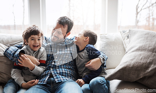 Image of Hug, happy and portrait of father with children on the sofa for love, care and relax in family home. Smile, funny and dad with boy kids for quality time, affection and comedy on the couch of a house