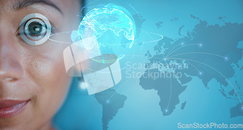 Image of Woman, face and eye scanner in biometrics for global networking, cyber security or optic identity in double exposure. Female optical safety with futuristic technology for access or facial recognition