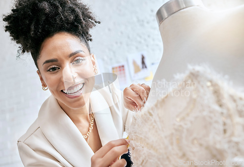 Image of Fashion, designer and smile with mannequin and black woman in workshop for planning, manufacturing and retail. Creative, idea and fabric with girl and couture dress in studio for small business