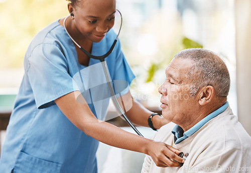 Image of Nurse, senior patient and stethoscope for healthcare service, caregiver career or heart check in hospital, clinic or retirement home. Nursing, consulting and cardiology of elderly man and black woman