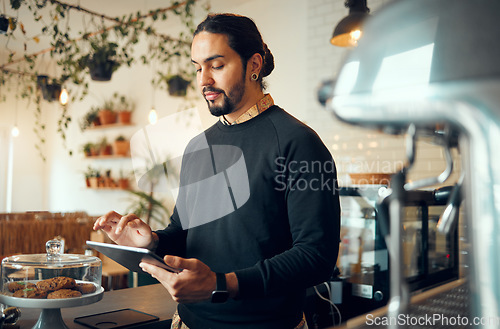 Image of Startup cafe manager man with tablet for social media, networking or company blog content review. Focus, search or coffee shop employee with tech for social network, research or internet mobile app