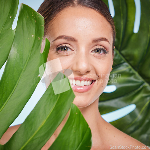 Image of Portrait, skincare and palm leaf with a model woman posing in studio on blue background for beauty. Face, skin or nature with an attractive young female standing behind a plant for natural treatment