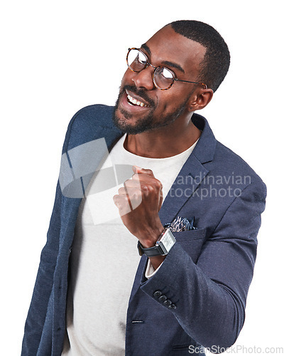 Image of Portrait, winner or businessman with success fist on isolated white background for promotion growth or victory. Smile, happy or creative worker with yes hands gesture, wow face or excited on mock up