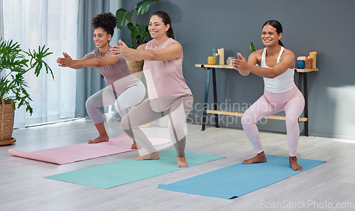 Image of Pregnant, fitness or women in yoga class for balance, body exercise or workout in house living room. Pregnancy, wellness or healthy friends with a happy smile in maternity training in zen home studio