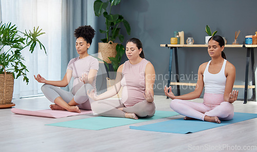 Image of Pregnant, yoga or women in class for meditation, exercise or fitness workout in zen house studio. Pregnancy, peace or relaxed friends in maternity training in calm lotus pose for mindfulness at home