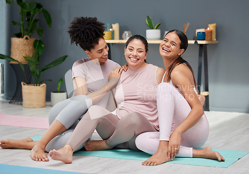 Image of Pregnant, portrait or women in yoga class hugging or bonding with a happy smile after fitness workout in studio. Pregnancy, relaxing or healthy friends in maternity laughing at funny joke together