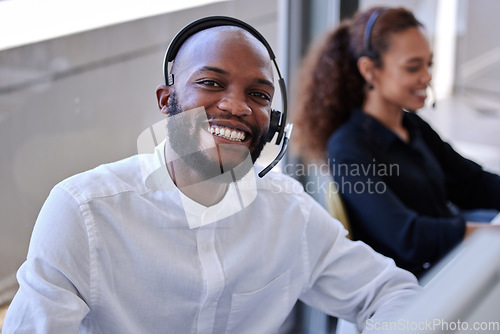 Image of Black man, call center and office portrait with smile, communication and customer service. Happy crm expert, contact us and telemarketing agent with voip tech, talking and consulting job with woman