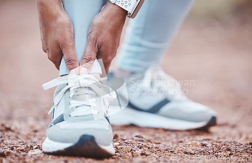 Image of Foot injury, fitness accident and woman in nature with a body emergency, training pain and arthritis. Muscle problem, inflammation and feet of a runner with an injured ankle during outdoor cardio