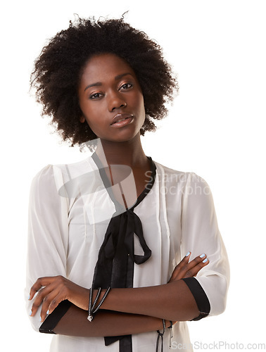 Image of Black woman, studio portrait and arms crossed with focus, serious and beauty by white background. Isolated woman, african and face for clothes, fashion and aesthetic with vision, beautiful and pride