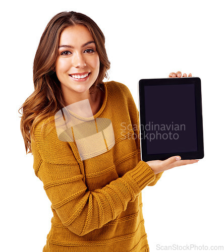 Image of Woman, portrait or tablet mockup screen on isolated white background for college elearning, video call or ecommerce. Smile, happy or model on technology mock up for logo branding or digital marketing