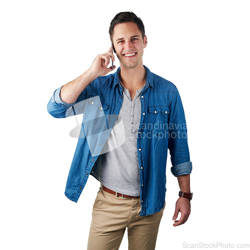 Image of Phone call, happy and portrait of a man in a studio with a casual, stylish and cool outfit. Communication, smile and male model from Canada on a mobile conversation isolated by a white background.