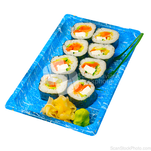 Image of take away sushi express on plastic tray