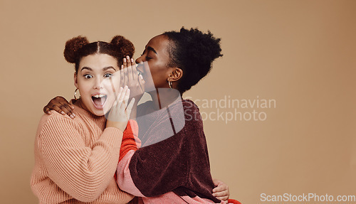 Image of Friends, gossip and women share secret on studio background and product placement mockup. Secrets, rumours and surprise whisper in ear, black woman with happy woman discuss discount sale announcement