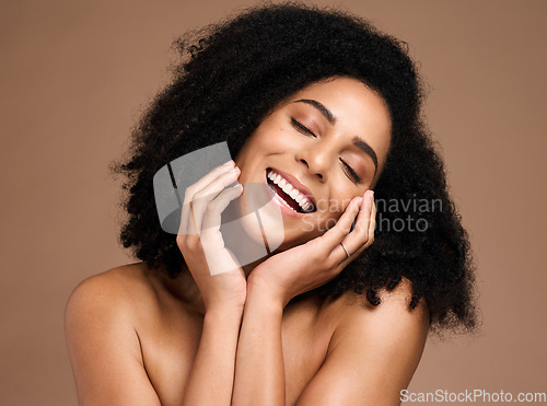 Image of Skincare, beauty and portrait of black woman on brown background for wellness, healthy and glowing skin. Dermatology, makeup and hands on girl face for cosmetics, beauty products and facial treatment