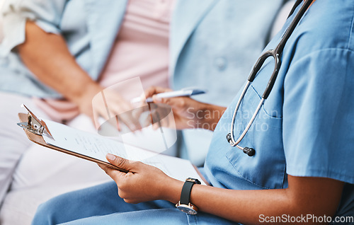 Image of Clipboard, nurse hands and patient checklist for healthcare questions, research and medical history data. Closeup doctor writing notes, planning and consulting documents for help, trust and medicine