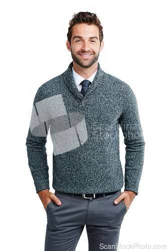 Image of Businessman, smile and standing with hands in pocket against a white studio background. Portrait of happy isolated man model smiling in happiness for vision, ambition or profile on white background