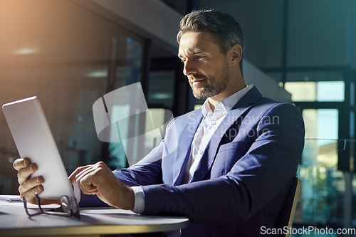 Image of Business man, tablet and working ceo financial worker planning with web finance analytics. Office, senior investment employee and boss typing a tech strategy report for a stock market growth company