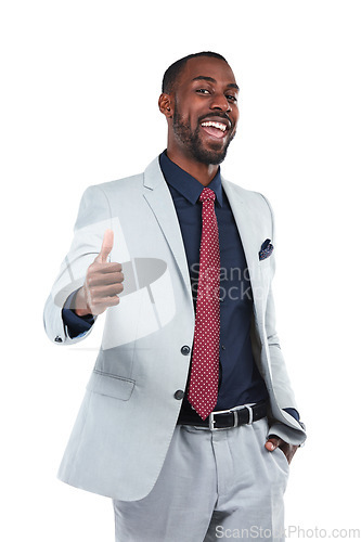 Image of Portrait, handshake and welcome with a business black man in studio isolated on a white background for marketing. Meeting, thank you and b2b with a male employee shaking hands on blank space