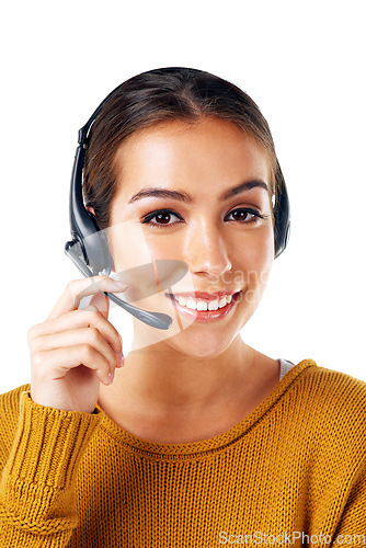 Image of Telemarketing, crm and portrait of woman with white background with smile, isolated with communication. Call center, customer support and girl in headset at help desk for customer service in studio.