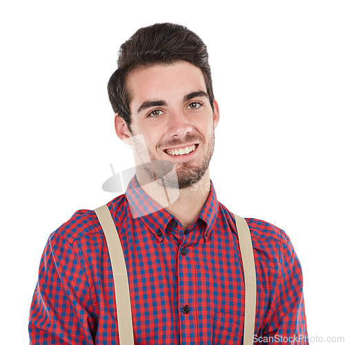 Image of Man, studio portrait and smile with confidence, happy and nerd aesthetic by white background. Model, young and isolated for fashion, happiness and hipster clothes with beard, handsome and beauty