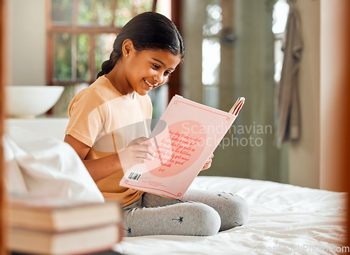 Image of Child or girl reading for home learning, story and language education with creative development o bed. Happy, kindergarten Indian kid with English books for smart, intelligent and fun house activity