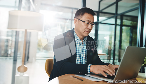 Image of Office laptop, typing and Asian man reading feedback review of social media, customer experience or ecommerce website. Data analytics, infographic and marketing employee analysis of online survey