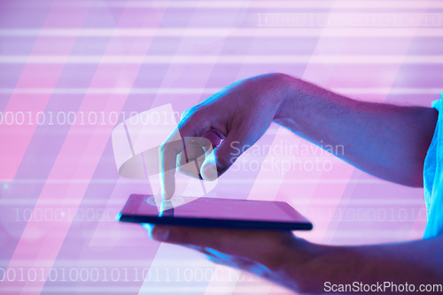 Image of Fingerprint, futuristic and hands of man with tablet for binary communication, ux or internet. Future tech, 3d neon or biometric of person pressing to unlock digital touchscreen for web browsing.