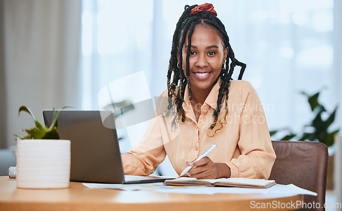 Image of Black woman, laptop and student smile portrait writing and planning strategy in home office. African girl, university education and happy working on digital tech devices for remote online learning