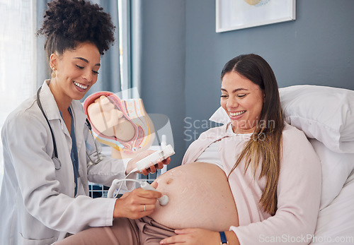 Image of Pregnant, woman and doctor with heart rate monitor for baby healthcare, medical support or hospital gynecology. Pregnancy maternity consultation, patient stomach and gynecologist with fetal doppler