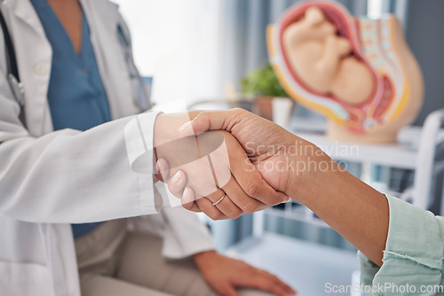 Image of Pregnancy patient, doctor and gynecologist handshake for welcome, thank you and hello greeting. Pregnant maternity consultation, gynecology and woman for medical, baby healthcare or hospital support