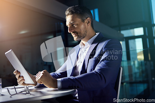 Image of Thinking, tablet and working business man planning with web finance trading analytics. Office, accounting investment employee and boss typing a tech strategy report for a stock market company