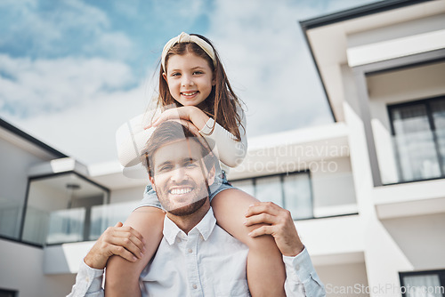 Image of Portrait, family and children with a girl sitting on the shoulders of her father outdoor at their new home. Love, kids and real estate with a man and daughter bonding outside their house together