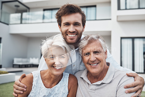 Image of Family, happy portrait and new home for property real estate, happiness together and retirement lifestyle. Senior parents smile, son and hug for moving, homeowner and relax bonding for love outdoor