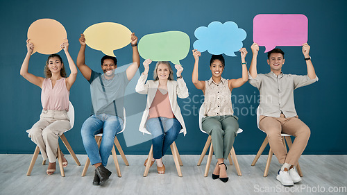 Image of Portrait, diversity and business people with speech bubble, communication and job interview. Mockup, multiracial and signs for opinion space, recruitment and creative employees with open discussion