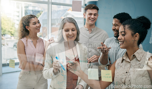 Image of Glass, business people and team brainstorming, planning and schedule for new project development, deadline or conversation. Staff, teamwork or group project with strategy, collaboration or share idea