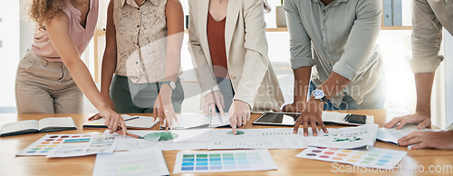 Image of Hands, finance and documents with a business team planning in collaboration for growth in an office. Accounting, data and teamwork with a man and woman employee group working on a financial budget